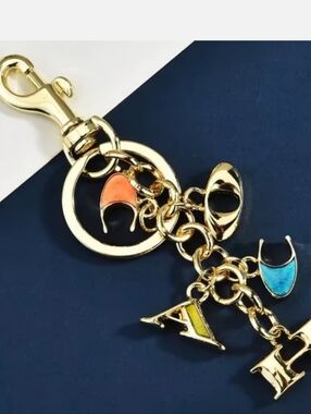 Gold-Tone Letter Charm Key & Card Holder with Blue, Orange, and Yellow Accents